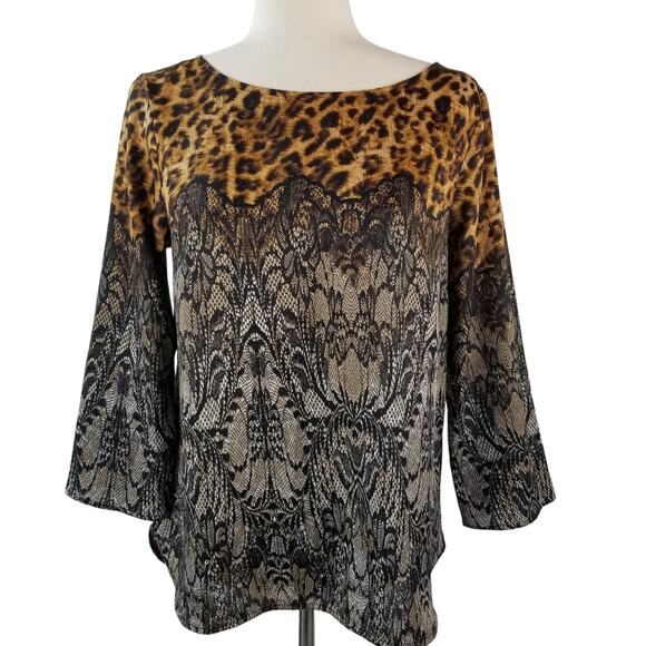 Ann Taylor Black Brown Gold Leopard Paisley Funky Boho Top Size Small - Picture 1 of 3
